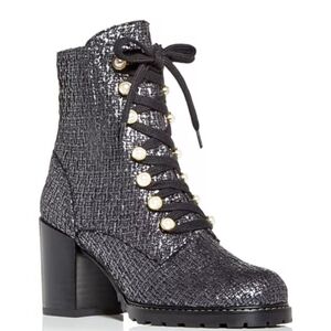 Stuart Weitzman Ivey Tweed High Block Heel Combat Boots Pearl